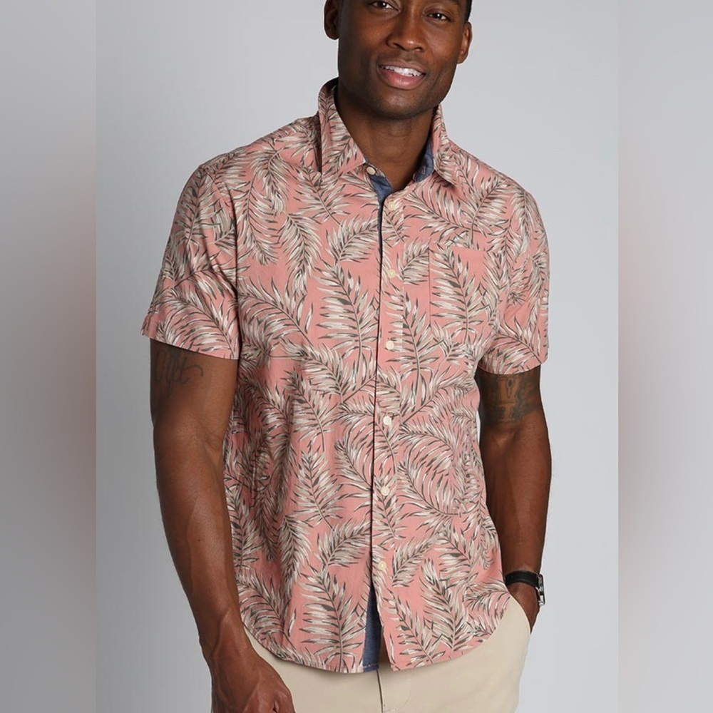 Jachs NY Stretch Casual Button Down Short Sleeve Shirt Red Leaf Print Large NWT